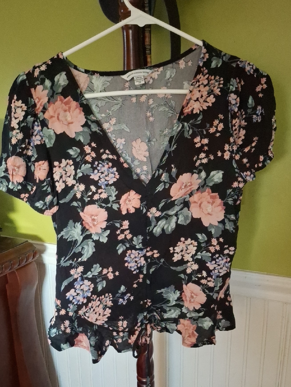 American Eagle Floral Wrap Peplum Top - Black with Pink Floral